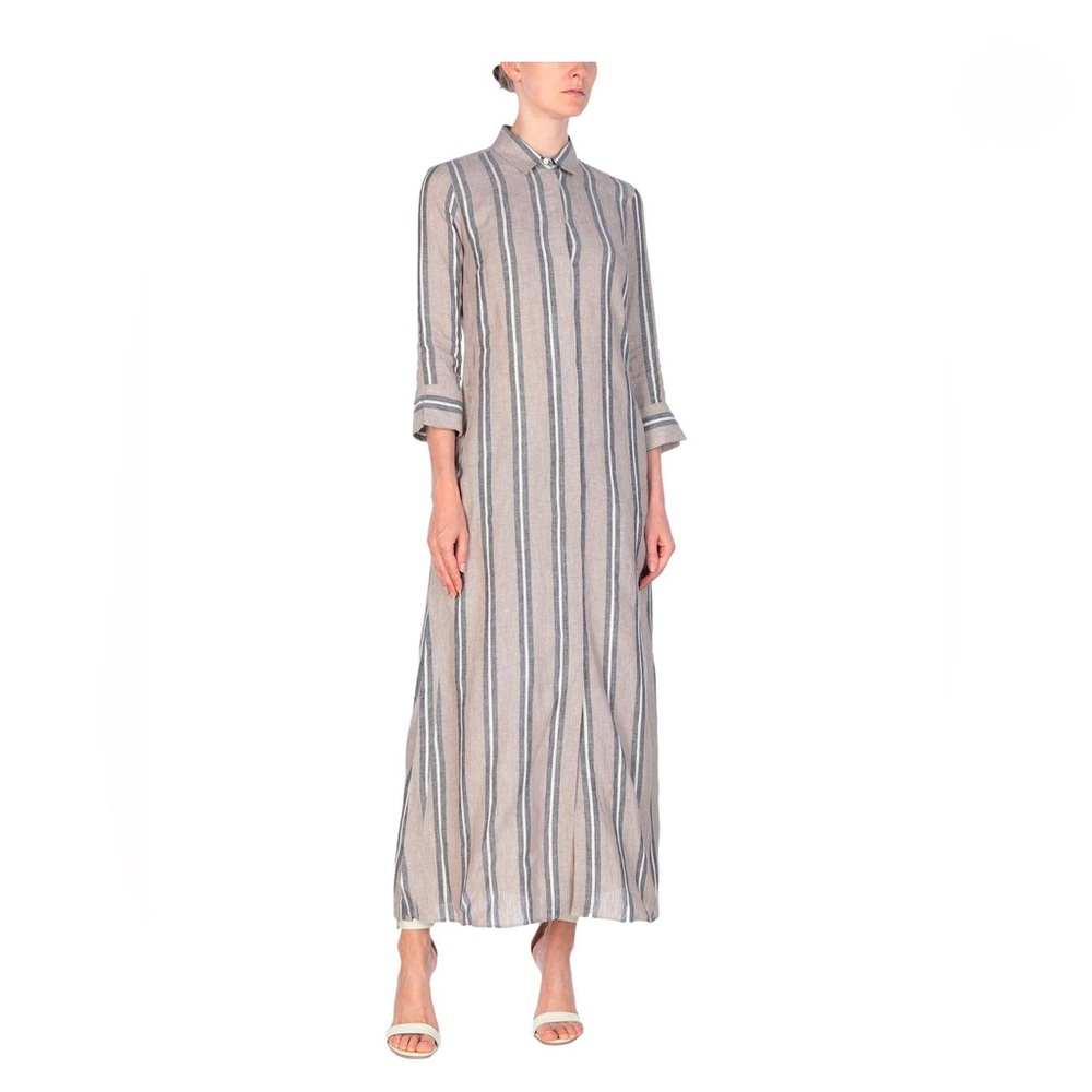 Italian 💯 linen Striped Gray Maxi Dress